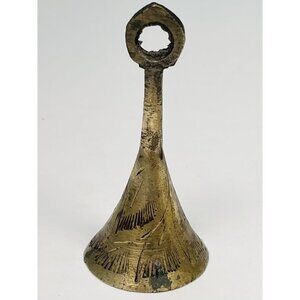 VTG 3" Handmade Etched Brass Hand BELL Feather Trumpet Meditation India *Tarnish